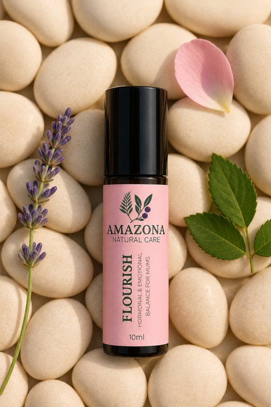 Flourish essential oil roll-on with lavender, petals and stones