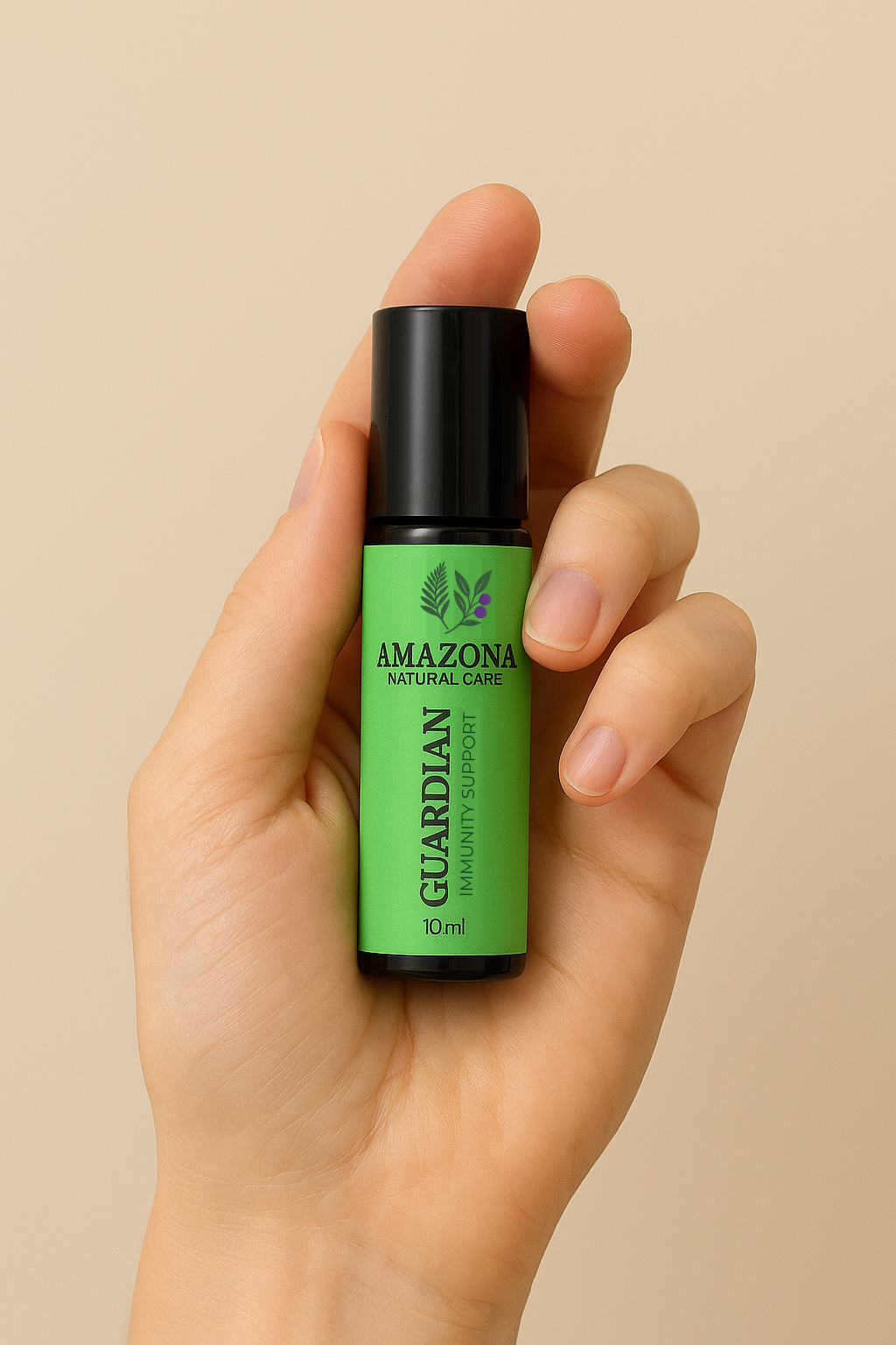Guardian essential oil roll-on held in a hand