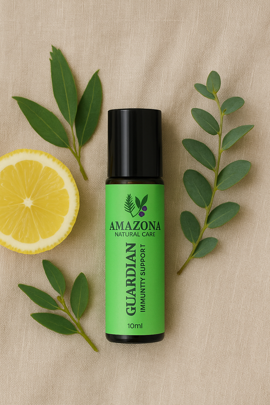 Guardian essential oil roll-on with lemon and eucalyptus leaves